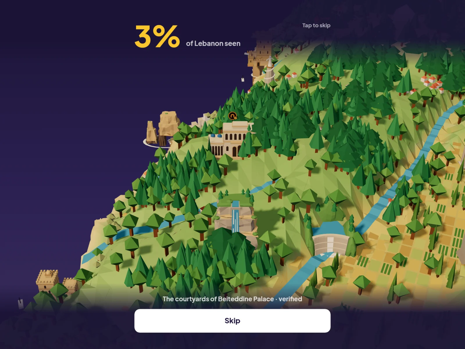 The success moment on iPad: the gold stamp lands on Beiteddine Palace's pin and the share of Lebanon seen rises to 3%