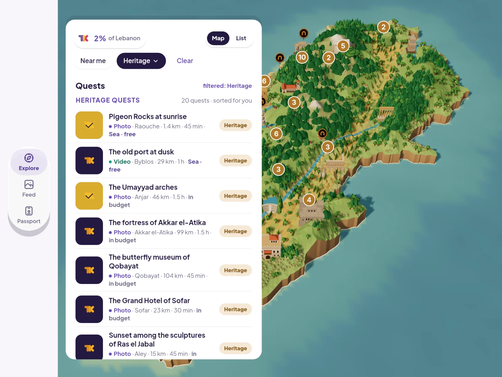 Explore filtered to Heritage on iPad: heritage quests sorted for the explorer, two already verified, and only heritage pins on the map